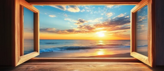 Wall Mural - Wooden window frame showcasing a stunning beach sunset view with serene ocean waves and space for text or messaging.