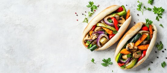 Poster - Vibrant vegetarian pitas filled with colorful stir-fried vegetables on a light background with space for text or branding