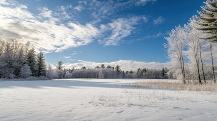 Wall Mural - Winter Wonderland Scenic Landscape Capturing a Snowy Field and Clear Blue Sky Perfect for Text Overlay