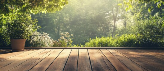 Sticker - Serene wooden veranda with bistro table and lush greenery backdrop ideal for text overlay and relaxation moments.