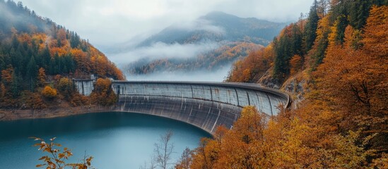 Sticker - Tranquil autumn landscape featuring a dam nestled in vibrant fall foliage with misty mountains in the background and ample text space.