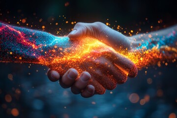 Poster - A handshake infused with glowing particles, symbolizing digital collaboration and futuristic technology. The contrast of blue and orange lights creates a cyberpunk aesthetic