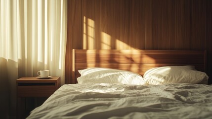 Wall Mural - Stylish minimalist bedroom with wooden bed and coffee cup highlighting morning light and empty space for text or branding