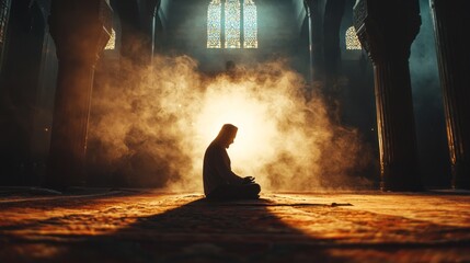 Poster - A muslim man kneels in prayer, surrounded by atmospheric dust and gentle light filtering through stained glass, creating a tranquil moment in a historic mosque