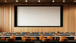 © Putu - Modern conference room interior design; empty chairs facing large screen, wood paneling, minimalist aesthetic. Ideal for presentations, meetings, or corporate events.