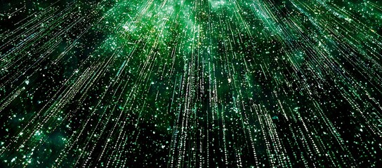 Fototapete - Abstract Green Digital Rain, Glowing Lines and Particles Cascading Downward