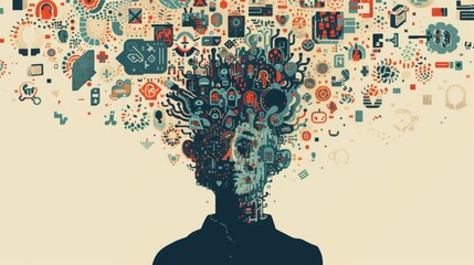 Aufkleber - An abstract representation of a human figure with a head bursting with vibrant symbols and ideas, symbolizing creativity, innovation, and imagination. AI generated.