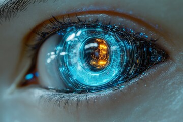 Poster - Close-up of a futuristic robotic eye with glowing blue circuits and intricate digital patterns. A high-tech cybernetic concept illustrating artificial intelligence and advanced technology.
