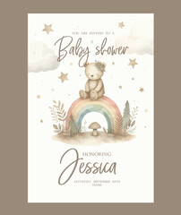 Wall Mural - Watercolor baby shower invitation. Greeting card with teddy bear, rainbow, clouds and stars.