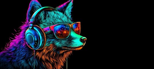 Wall Mural - Stylish Neon Fox with Headphones and Sunglasses, Perfect for Music or Party Themed Designs