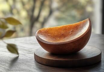 Poster - Elegant wooden bowl displaying natural artistry on a wooden base with blurred background of greenery illuminating the cozy indoor space