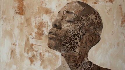 Aufkleber - A textured artistic portrait of a contemplative human face, blending organic patterns and earthy tones, evoking a sense of introspection and artistry. AI generated.