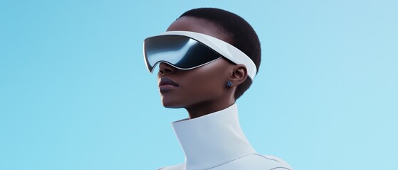 Wall Mural - Close-up of a woman's face and upper body. she is wearing a futuristic-looking white outfit with a high collar and earrings.