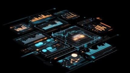 Poster - Futuristic Data Visualization: Digital Graphs and Charts on Black Background