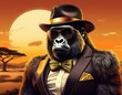 © 貴宏 西山 - クラシック紳士ゴリラ 概要- 黄金色に輝くたてがみを持つゴリラが、ヴィンテージ風のフェドーラ帽を被り、洗練されたサングラスとシルクの蝶ネクタイを身につけ、夕日が沈むサバンナを背景に堂々