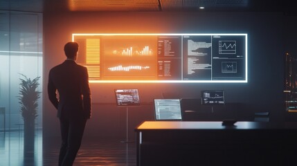 Poster - Executive Analyzes Data on Large Screen in Modern Office Setting