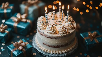 Wall Mural - Festive birthday cake with candles surrounded by beautifully wrapped gifts and twinkling lights