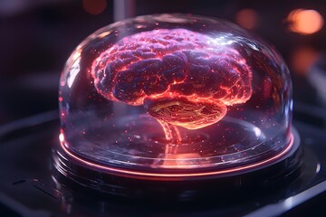 Poster - Illuminated brain model rests inside a clear protective dome
