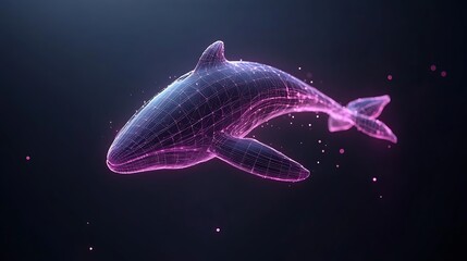 Poster - Luminous wireframe whale gracefully swims in dark digital space