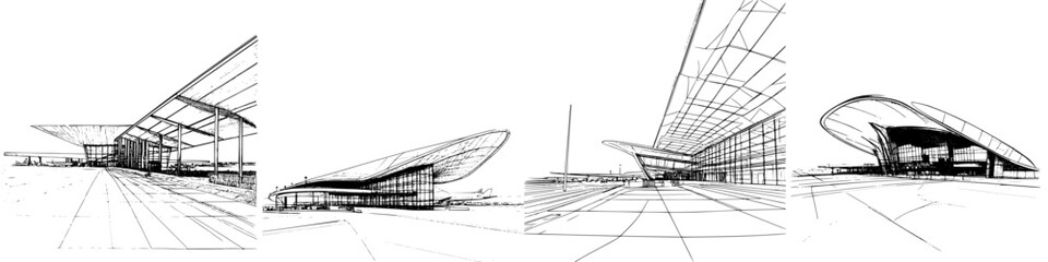 Poster - Modern architectural sketches of a futuristic transport terminal showcasing innovative design and spacious layouts