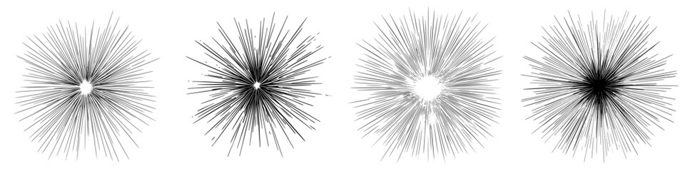 Poster - Abstract black and white illustrations of starbursts radiating from a central point at various intensities