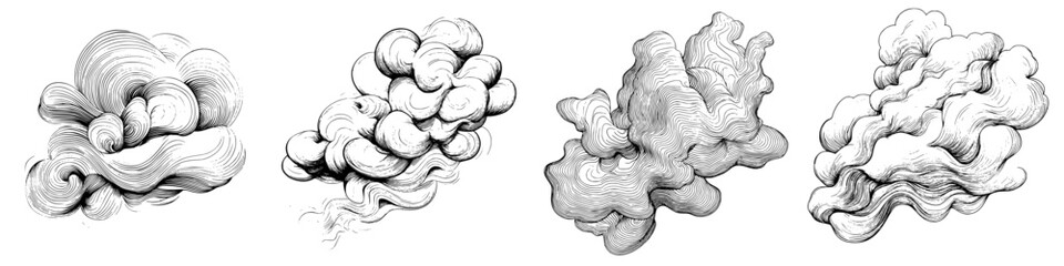 Poster - Detailed illustrations of clouds showcasing various shapes and forms in black and white
