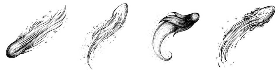 Wall Mural - illustration of various fantasy creatures resembling shooting stars and comets in intricate line art