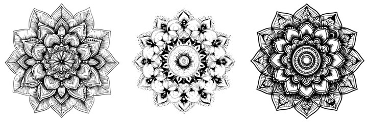Poster - Beautifully intricate mandala designs showcasing floral motifs in black and white with detailed patterns and symmetry