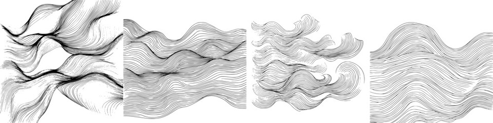 Poster - Abstract patterns of flowing lines create a dynamic visual rhythm in monochrome style across four panels
