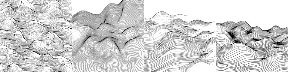 Poster - Abstract black and white wave patterns depicting dynamic movement and texture across four panels