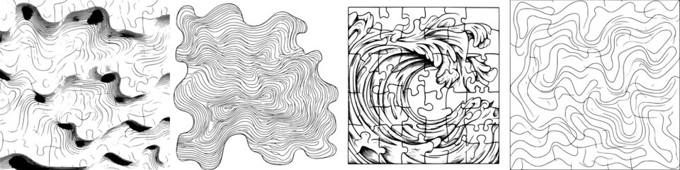 Poster - Intricate line art patterns showcasing waves, curves, and abstract forms in a black and white design
