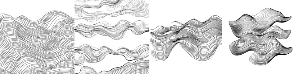 Poster - Flowing lines create abstract waves in a monochrome pattern that conveys movement and depth across multiple sections
