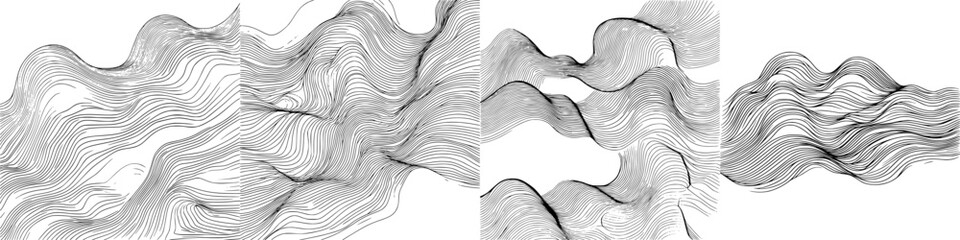 Poster - Intricate black and white line art depicting fluid waves and organic patterns across three sections with smooth curves and textures