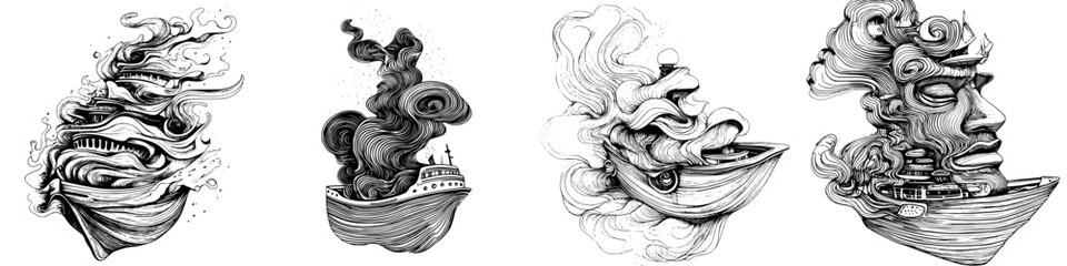 Poster - Artistic representation of ships intertwined with smoke and human forms showcasing creativity in black and white