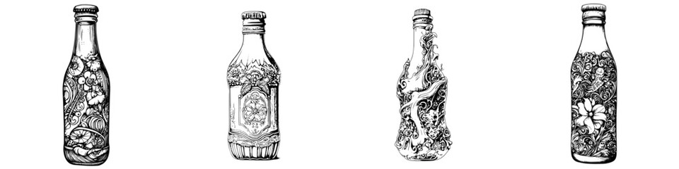 Poster - Intricate designs on four vintage glass bottles showcasing unique artistic styles and detailed illustrations