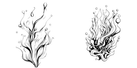 Poster - Creative black and white line art depicting underwater plants and swirling currents in an abstract style