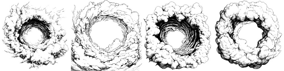 Poster - Swirling cloud formations spiral against a white background creating dynamic circular patterns