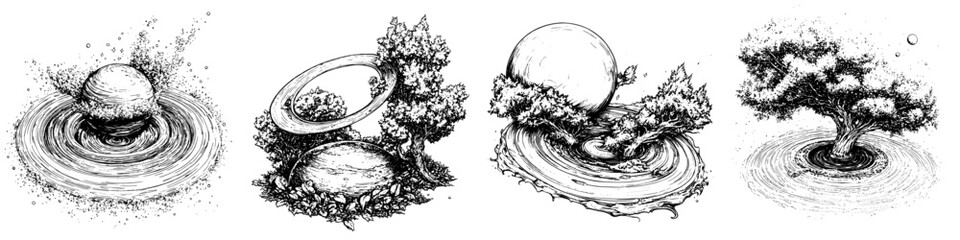 Poster - Illustration series depicting the interaction of spheres with water and nature in a serene, natural setting