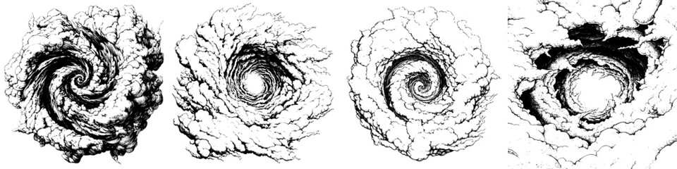 Poster - Swirling cloud formations captured in black and white illustrations showcasing different spiral patterns