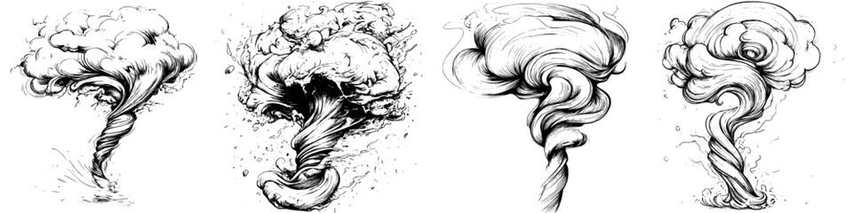 Poster - Illustration of dynamic smoke and tornado formations in black and white on a minimalist background