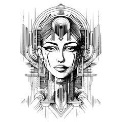 Poster - Futuristic portrait of a woman with intricate geometric designs and technological elements set against a stark background