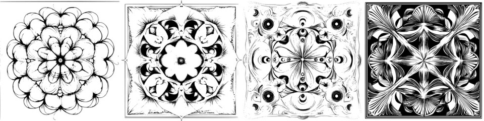 Poster - Intricate black and white patterns showcasing floral designs and geometric shapes in a symmetrical arrangement