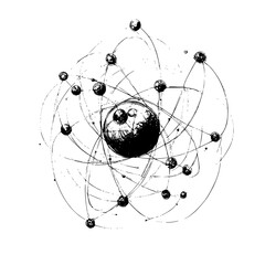 Poster - Conceptual illustration of an atom with electrons orbiting around the nucleus in a simplistic and artistic style