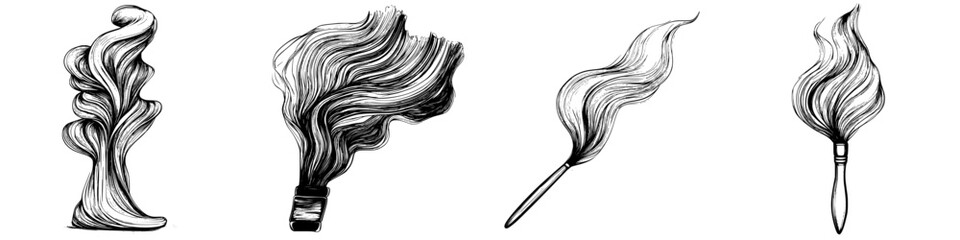 Poster - Artistic depiction of brushes with flowing hair-like bristles captured in monochrome illustration
