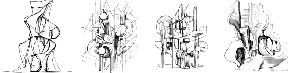 Poster - Abstract sculptures in black and white showcasing unique artistic forms and lines created by an unknown artist