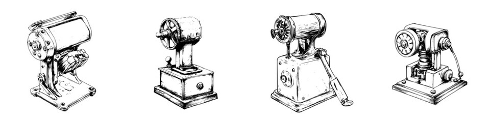 Poster - Vintage sewing machines displayed in a row highlighting their unique designs and mechanical features in a workshop setting