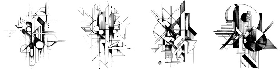 Poster - Abstract black and white art series featuring geometric shapes and line patterns in a modern design style