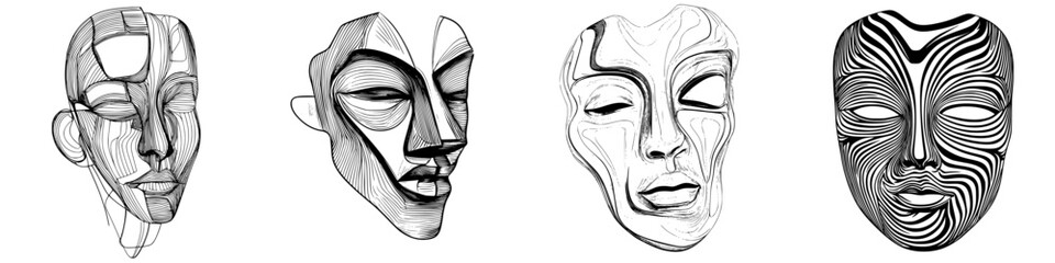 Poster - Exploration of abstract masks showcasing diverse artistic styles and textures through intricate line work and shapes