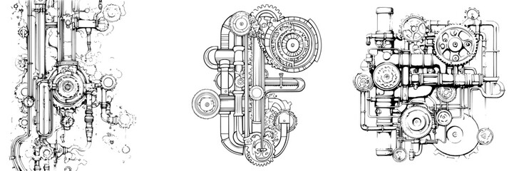 Poster - Complex industrial machinery designs displayed in intricate, detailed sketches showcasing various gears and piping systems