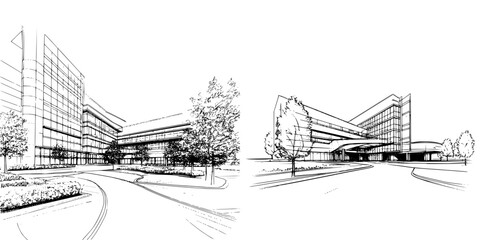 Poster - Modern architectural design showcasing a contemporary building with striking features and landscaping in a corporate environment